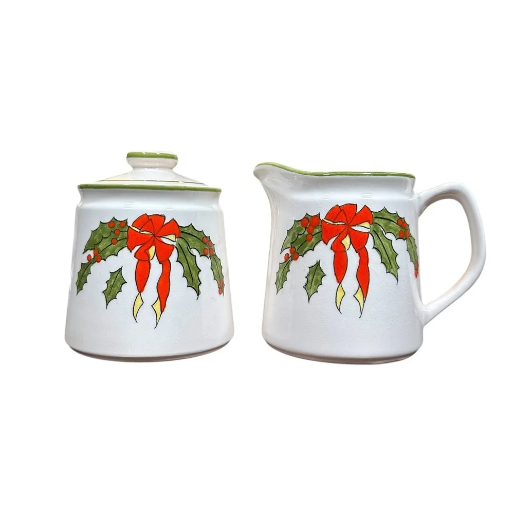 Vintage 1980s-1990s Christmas Holly Bow Ceramic Coffee & Mug Set w/ Original Box